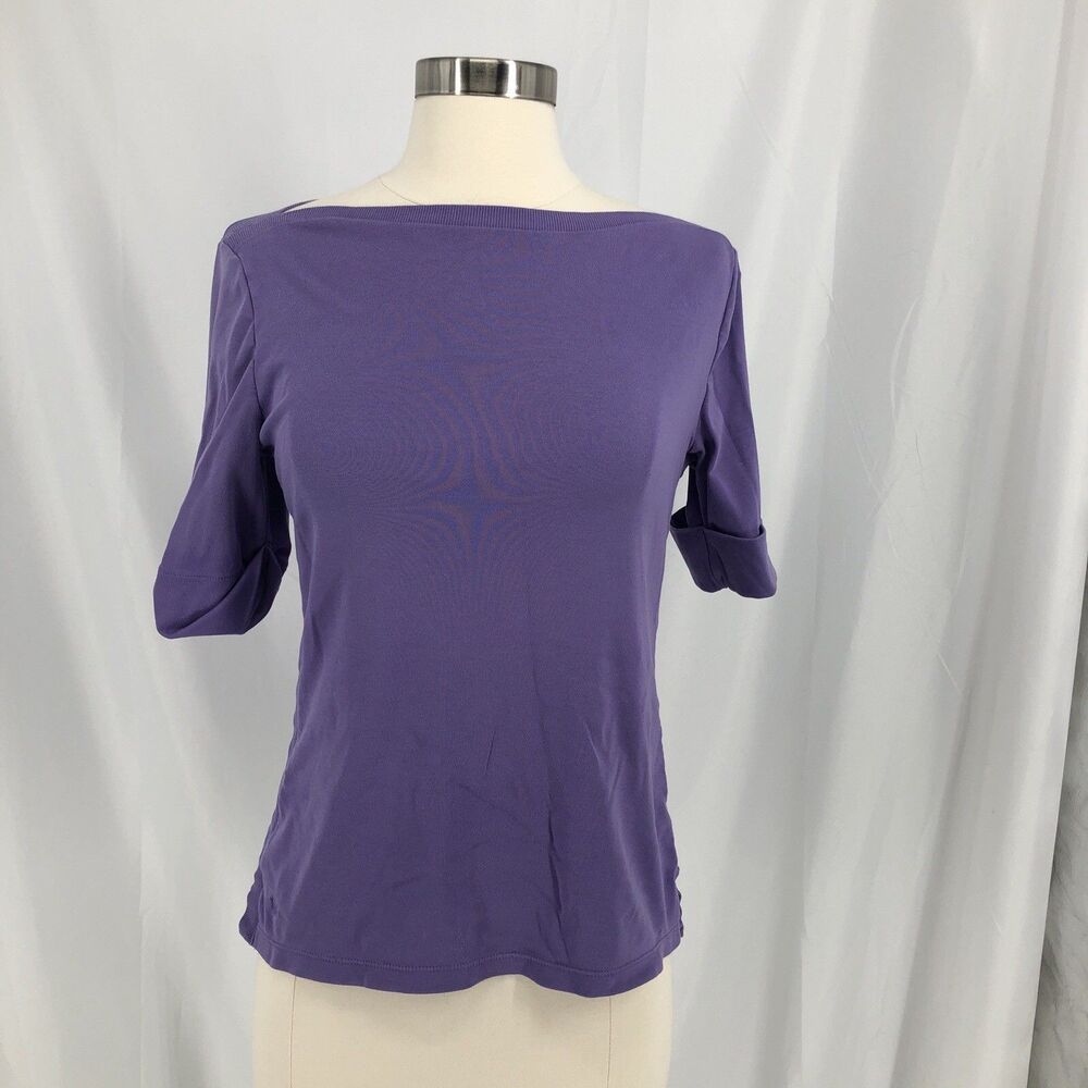 Lauren Ralph Lauren Womens Purple Elbow Roll Tab Sleeve Boat Neck Shirt Size M